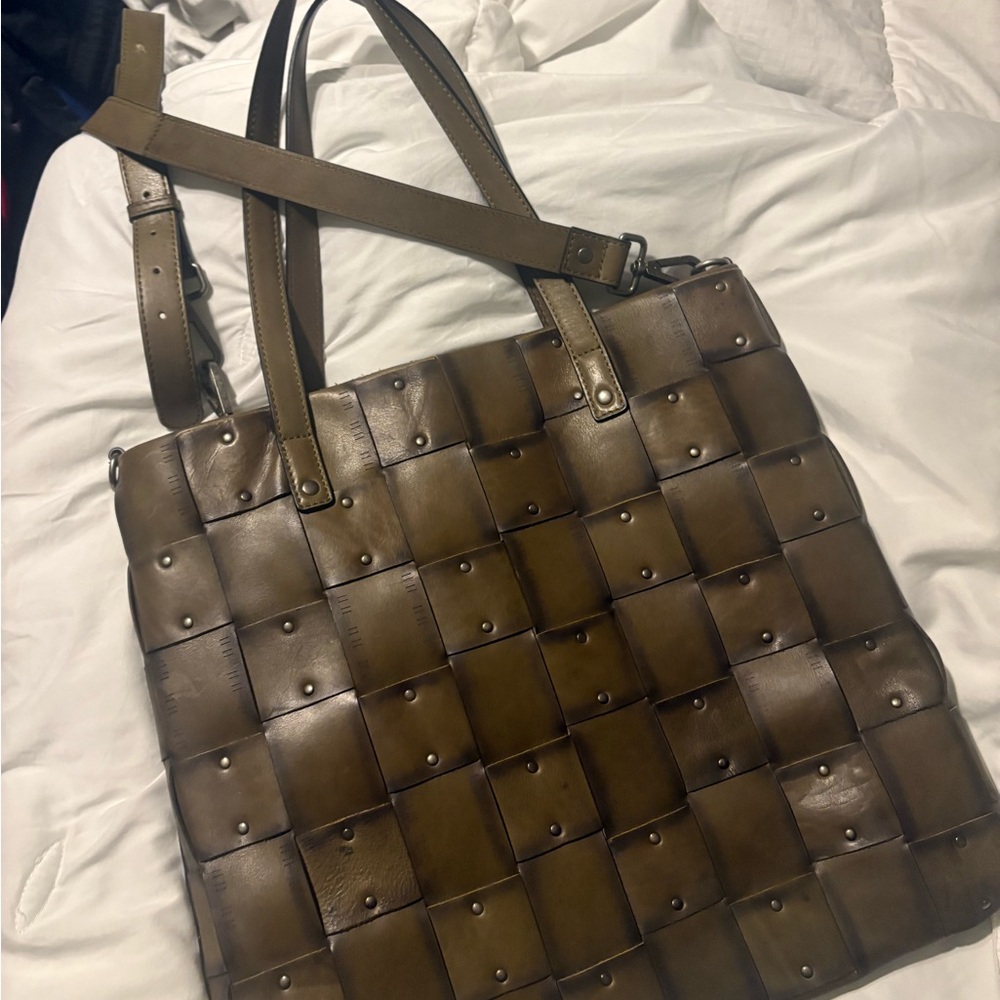 Marta Ponti Olive green studded Woven Leather Shoulder Bag